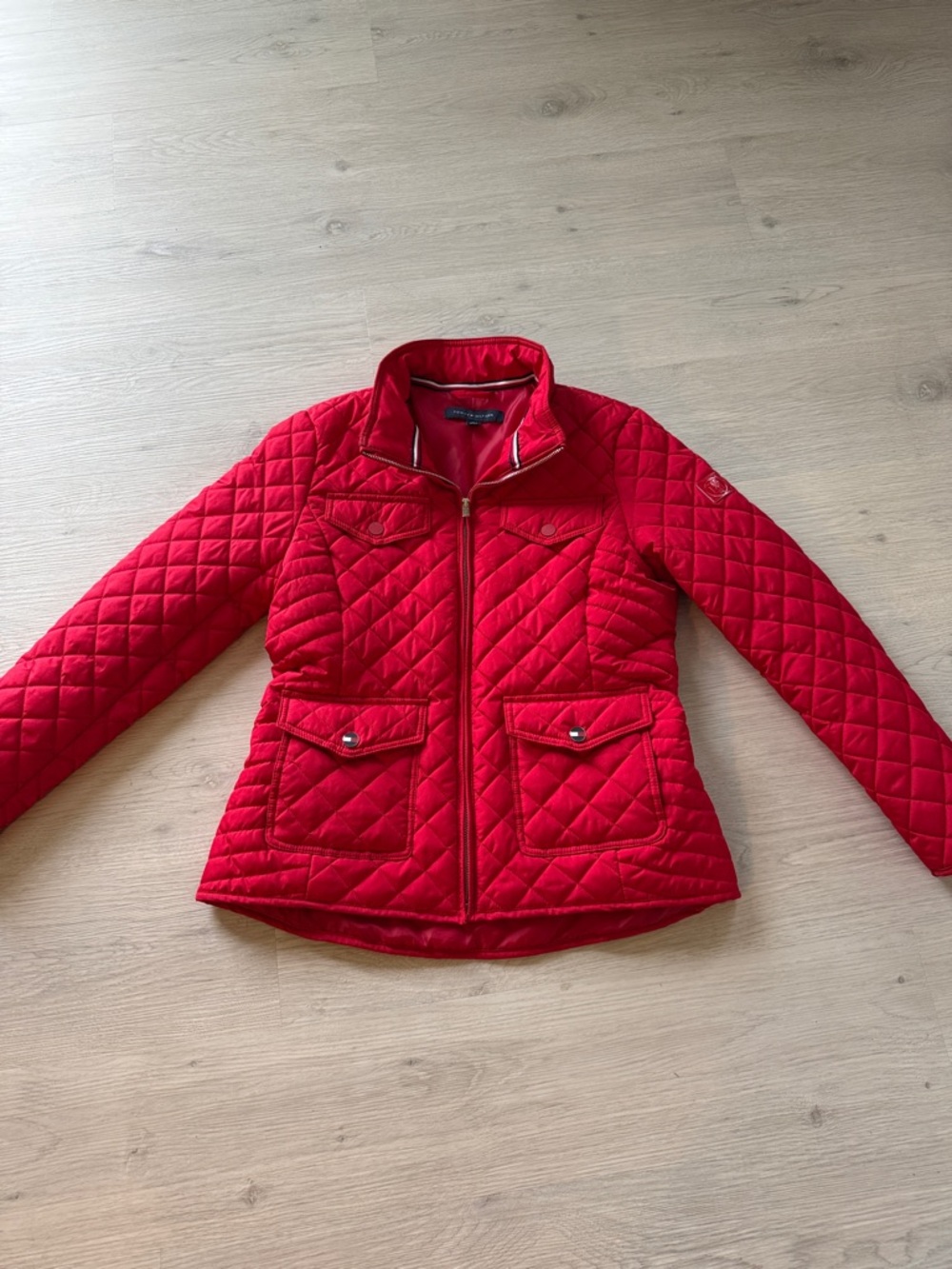 Tommy Hilfiger Red Quilted Jacket with Signature Stripe Trim